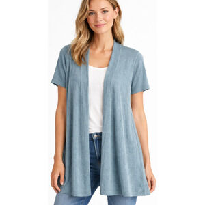 Eileen Fisher Linen Blend Open Front Cardigan Blue Sparkle Thread Short Sleeve M